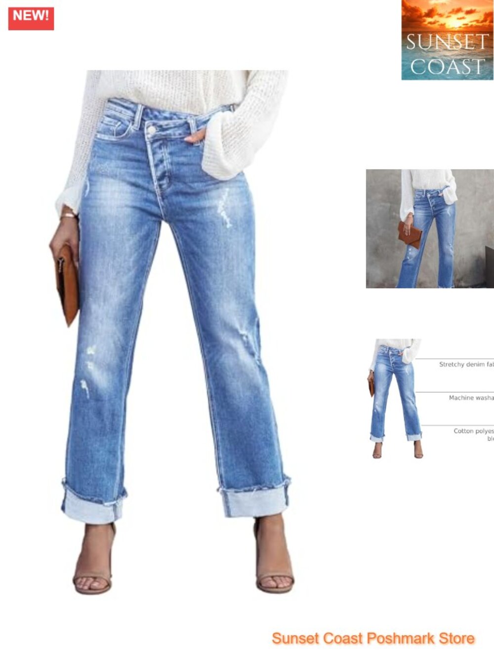 Women's High Waisted Boyfriend Distressed Cuffed Jeans